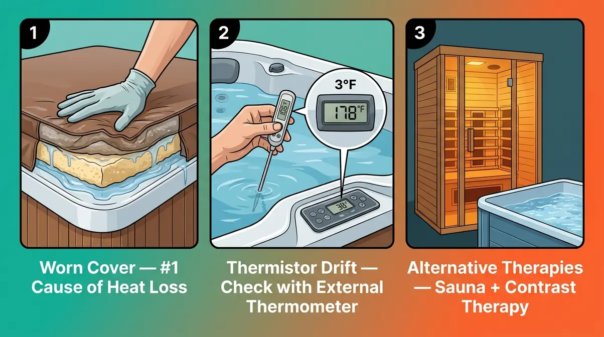 Can You Make a Hot Tub Hotter Than 104°F? Full Guide 8 Hot tub troubleshooting illustration showing worn cover, thermistor drift check, and alternative heat therapy options
