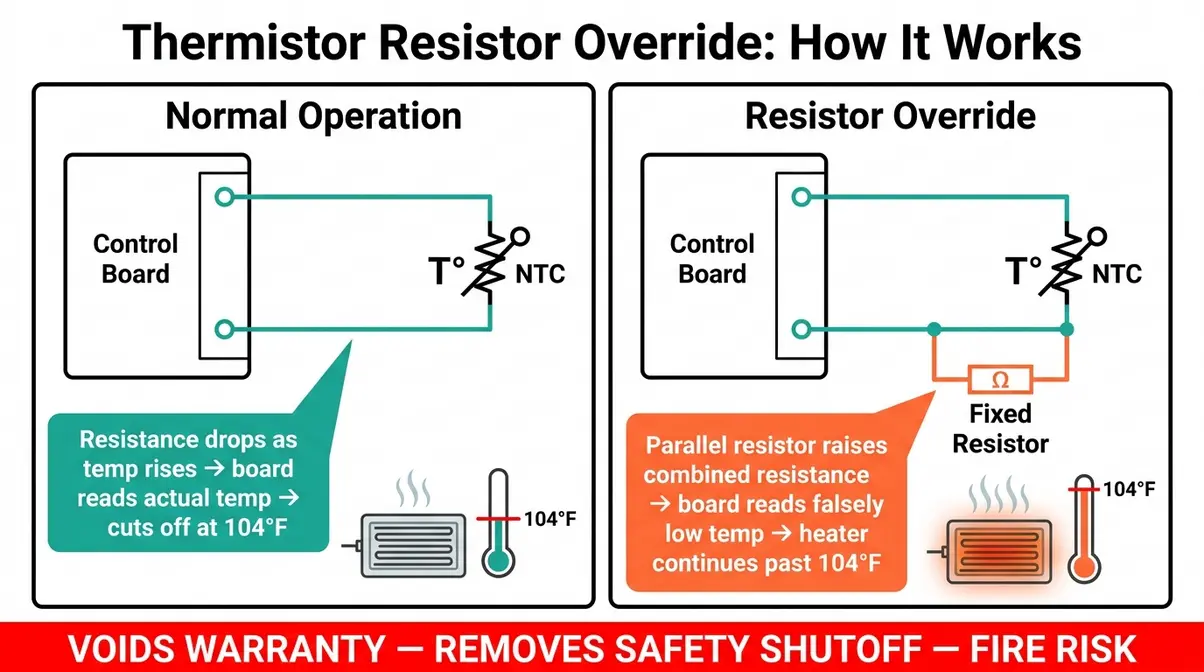 Can You Make a Hot Tub Hotter Than 104°F? Full Guide 7 Wiring diagram showing resistor connected in parallel with hot tub thermistor to override the 104°F temperature limit