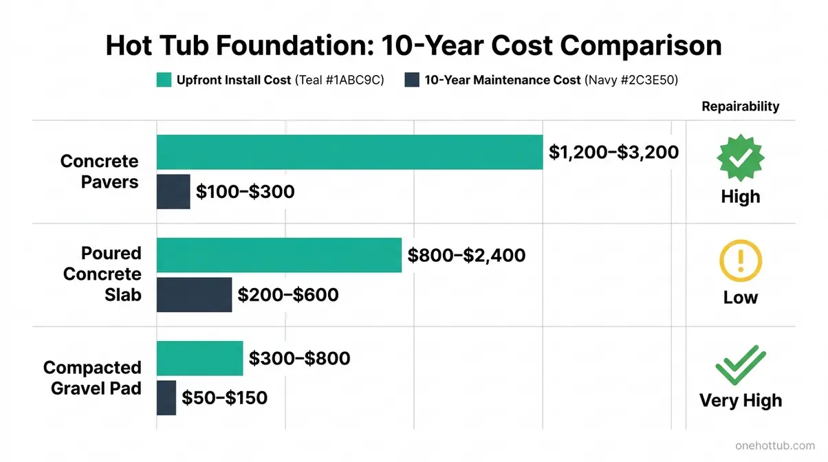 Can You Put a Hot Tub on Pavers? Complete 2026 Guide 6 Bar chart comparing hot tub on pavers versus concrete slab versus gravel pad for upfront cost and 10-year maintenance