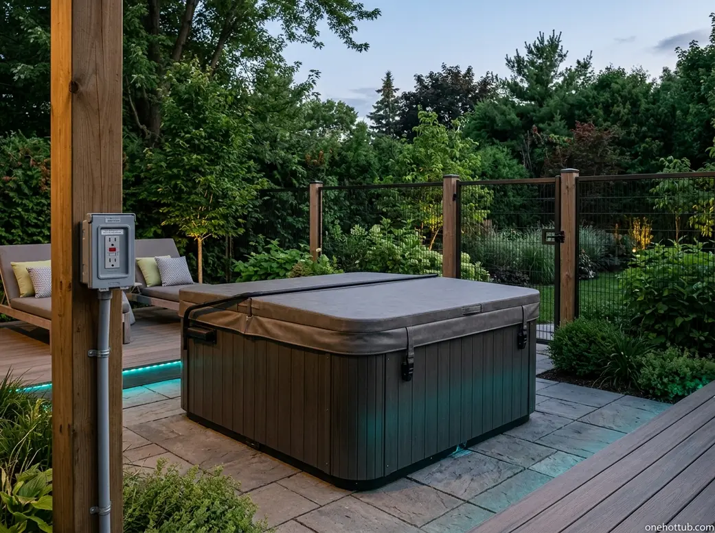 Can You Put a Hot Tub on Pavers? Complete 2026 Guide 1 Hot tub with locked safety cover GFCI electrical panel and childproof barrier fence installed