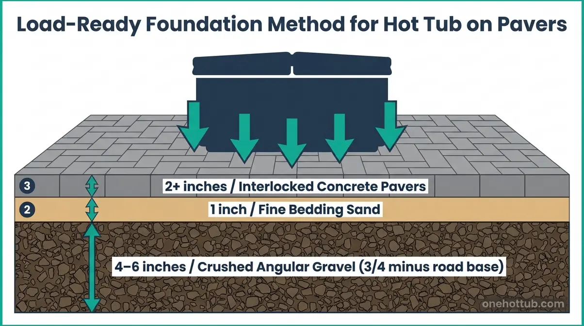 Can You Put a Hot Tub on Pavers? Complete 2026 Guide 2 Cross-section diagram of hot tub on pavers showing compacted gravel sub-base sand bed and paver layers