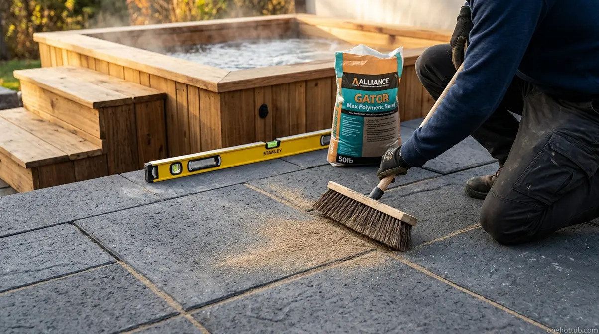 Can You Put a Hot Tub on Pavers? Complete 2026 Guide 4 Person sweeping polymeric sand into hot tub paver joints during annual maintenance check