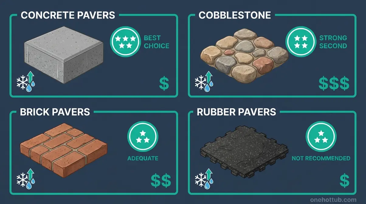 Can You Put a Hot Tub on Pavers? Complete 2026 Guide 3 Visual guide to hot tub paver types showing concrete brick cobblestone and rubber suitability ratings