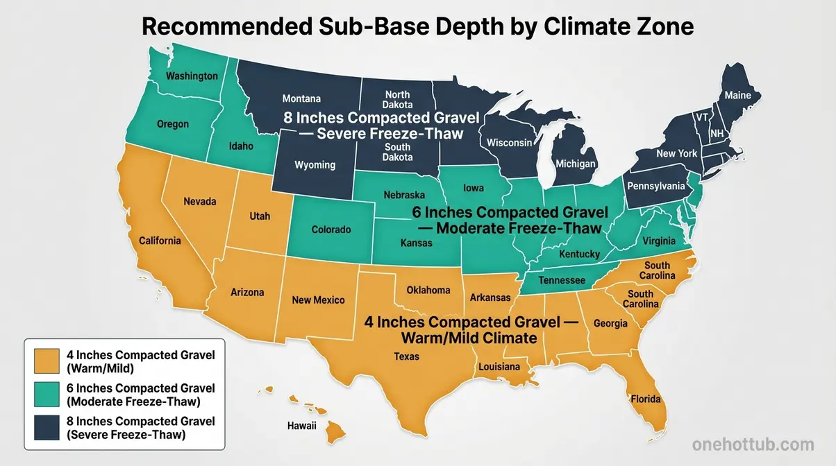 Can You Put a Hot Tub on Pavers? Complete 2026 Guide 7 US climate zone map showing recommended gravel depth for hot tub on pavers base construction by region
