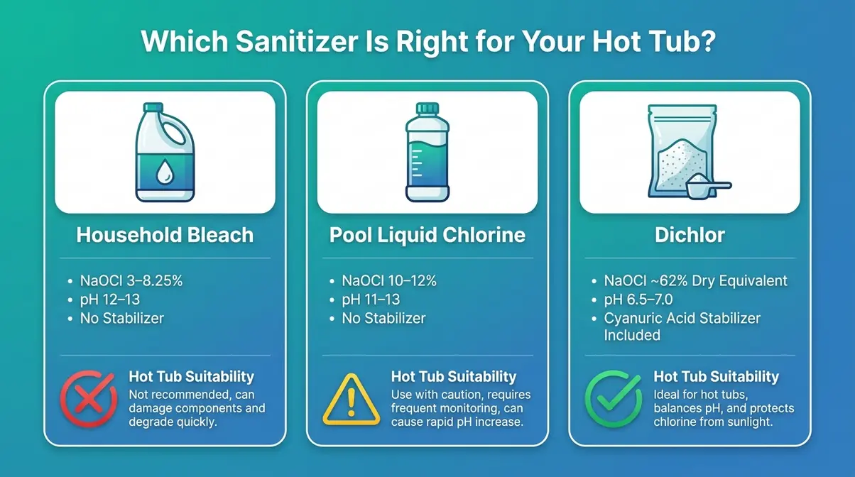 Can You Put Bleach in a Hot Tub? Risks & Safe Guide 10 Bleach in a hot tub chemical comparison chart showing NaOCl concentration and pH differences across three sanitizers