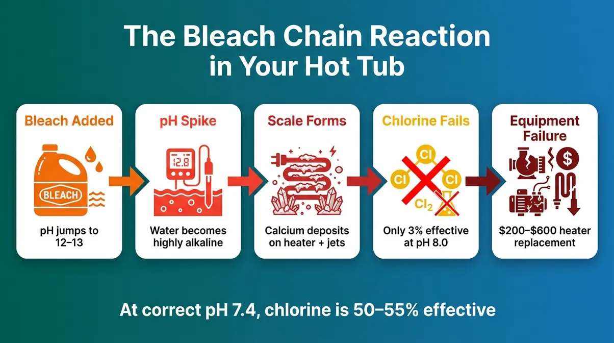 Can You Put Bleach in a Hot Tub? Risks & Safe Guide 13 Infographic showing how bleach damages hot tub heater jets and acrylic surfaces through pH imbalance and scale buildup