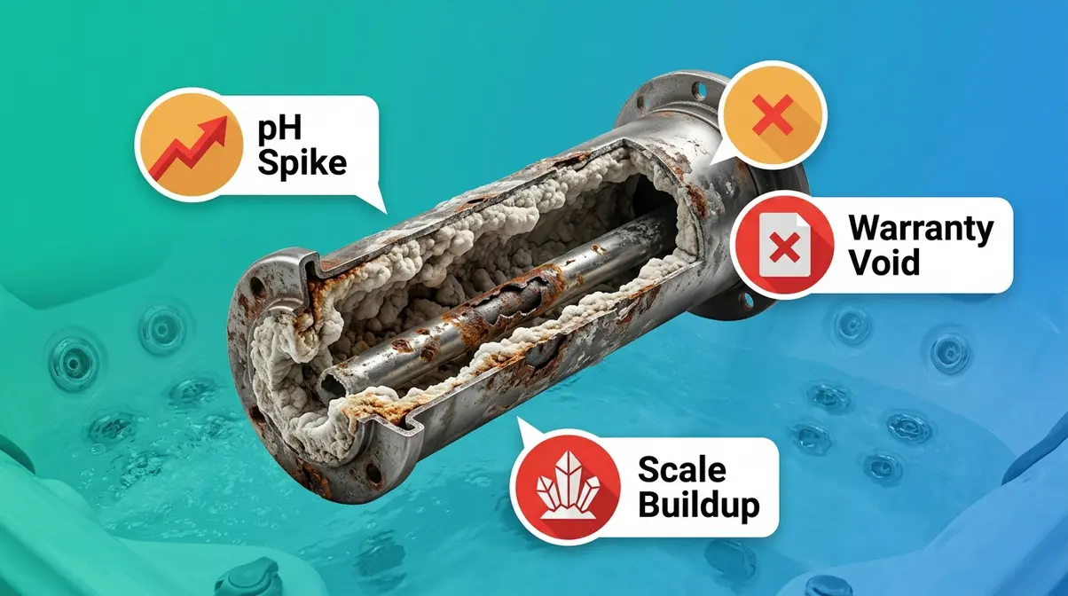 Can You Put Bleach in a Hot Tub? Risks & Safe Guide 9 Hot tub heater element with calcium scale buildup showing equipment damage from bleach use and pH spikes