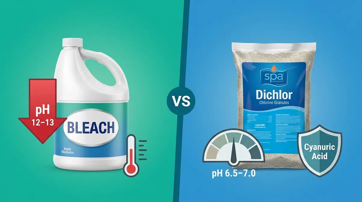 Can You Put Bleach in a Hot Tub? Risks & Safe Guide 8 Bleach versus hot tub chlorine Dichlor comparison showing pH levels and stabilizer differences for spa use