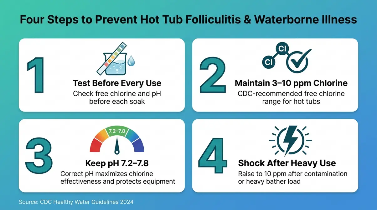 Can You Put Bleach in a Hot Tub? Risks & Safe Guide 16 Hot tub health risk prevention infographic showing four chlorine testing and sanitation steps to prevent folliculitis