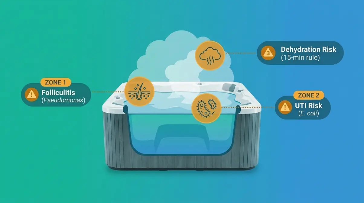 Can You Put Bleach in a Hot Tub? Risks & Safe Guide 14 Hot tub health risks infographic showing folliculitis UTI risk and dehydration from poor sanitation and bleach use
