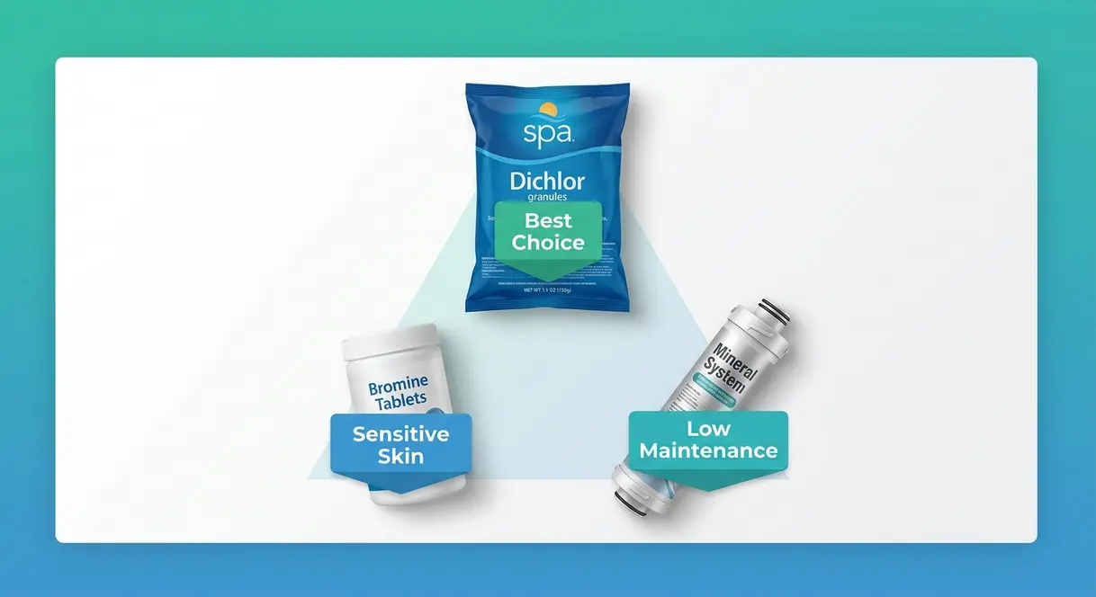 Can You Put Bleach in a Hot Tub? Risks & Safe Guide 11 Hot tub sanitizer alternatives showing Dichlor granules bromine tablets and mineral system as bleach replacements