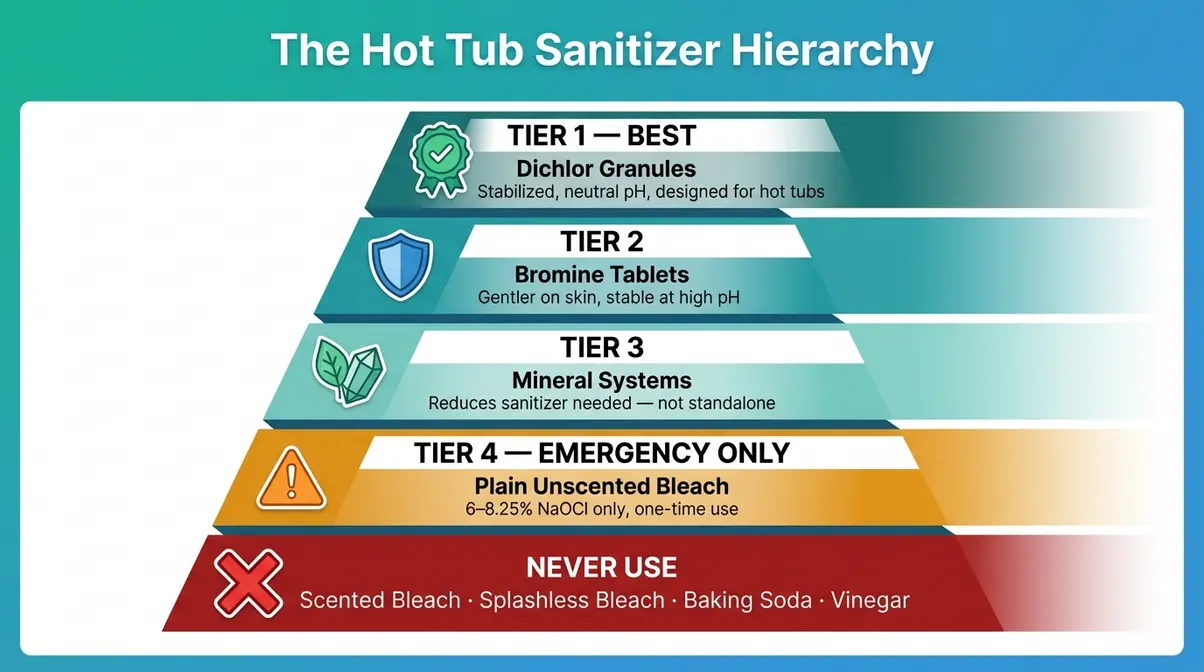 Can You Put Bleach in a Hot Tub? Risks & Safe Guide 15 Sanitizer hierarchy chart for hot tubs showing dichlor bromine and bleach ranked by safety and effectiveness
