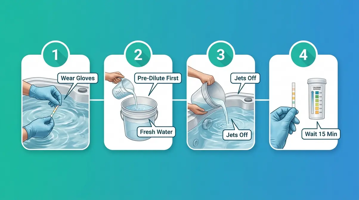 Can You Put Bleach in a Hot Tub? Risks & Safe Guide 12 Safe method for adding bleach to a hot tub showing four steps including pre-dilution and testing with gloves