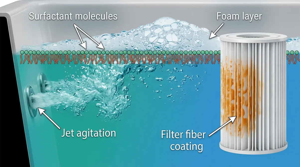 Can You Put Bubble Bath in a Hot Tub? No — Here's Why 1 Scientific diagram showing how bubble bath surfactants foam in a hot tub and coat filter cartridge fibers