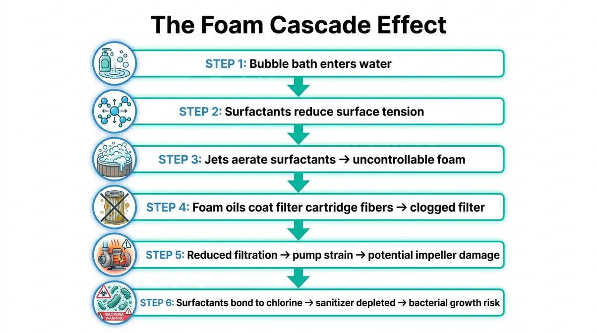 Can You Put Bubble Bath in a Hot Tub? No — Here's Why 2 Flowchart showing how bubble bath surfactants cause foam, filter clogging, pump strain, and sanitizer depletion in a hot tub