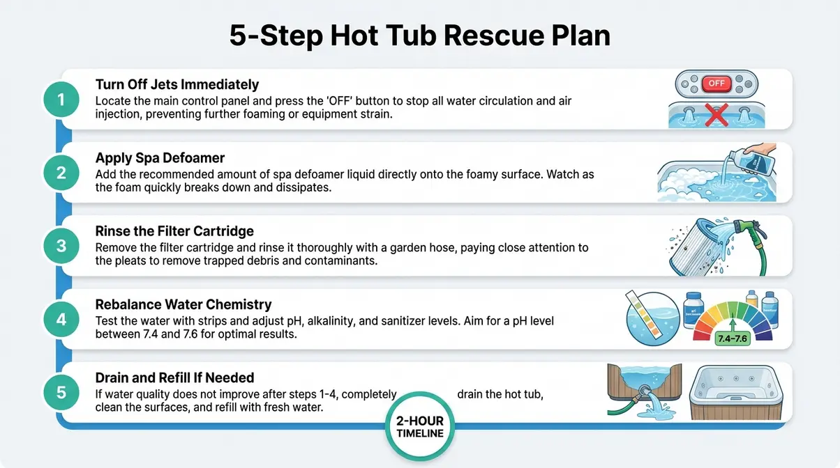 Can You Put Bubble Bath in a Hot Tub? No — Here's Why 6 Step-by-step diagram showing how to remove bubble bath from a hot tub using defoamer, filter rinse, and chemistry rebalance
