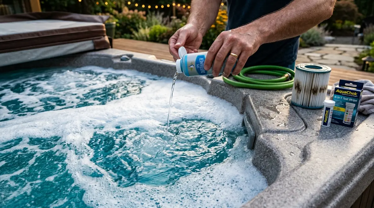 Can You Put Bubble Bath in a Hot Tub? No — Here's Why 5 Person adding spa defoamer to a foamy hot tub as part of the bubble bath removal process