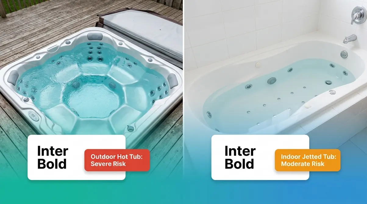 Can You Put Bubble Bath in a Hot Tub? No — Here's Why 3 Side-by-side comparison of outdoor hot tub and indoor jetted bathtub showing different bubble bath risk levels