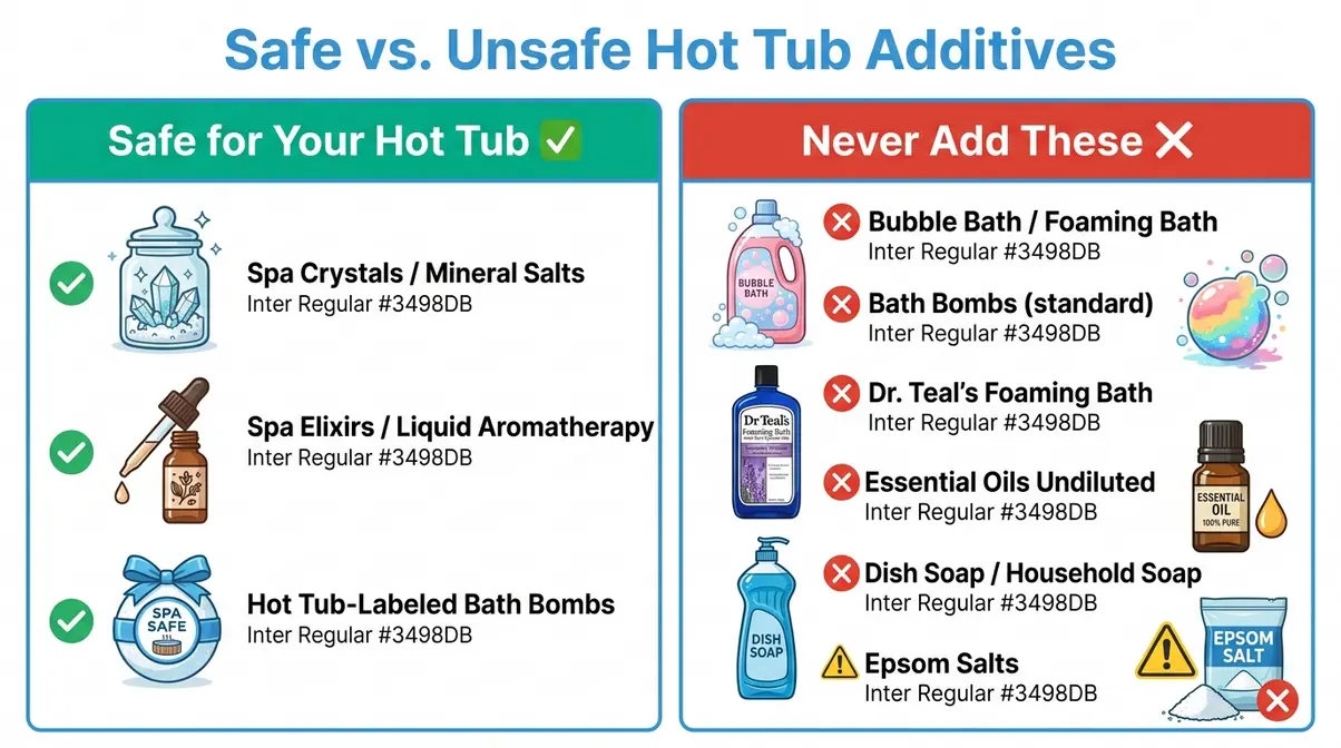 Can You Put Bubble Bath in a Hot Tub? No — Here's Why 7 Comparison chart showing spa-safe aromatherapy products versus unsafe household bath products for hot tubs