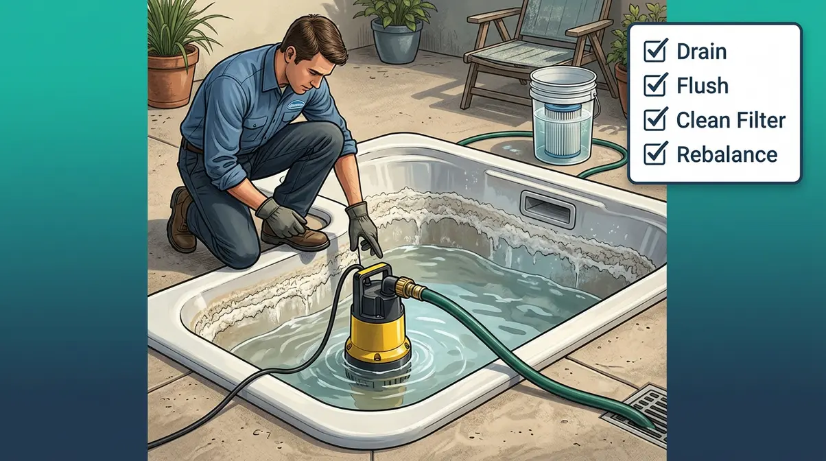 Can You Put Epsom Salts in a Hot Tub? Expert Answer 7 Person draining a hot tub with submersible pump as part of the Epsom salt contamination recovery protocol