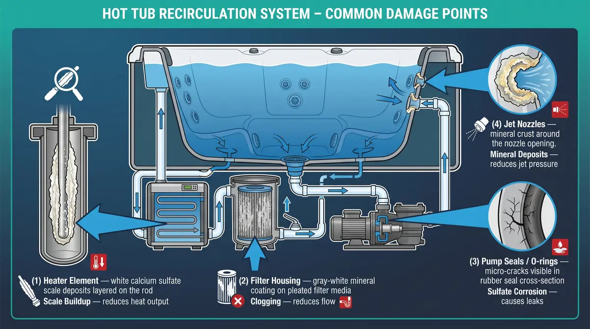Can You Put Epsom Salts in a Hot Tub? Expert Answer 8 Illustrated diagram of hot tub recirculation loop showing Epsom salt magnesium sulfate damage at heater, filter, seals, and jets