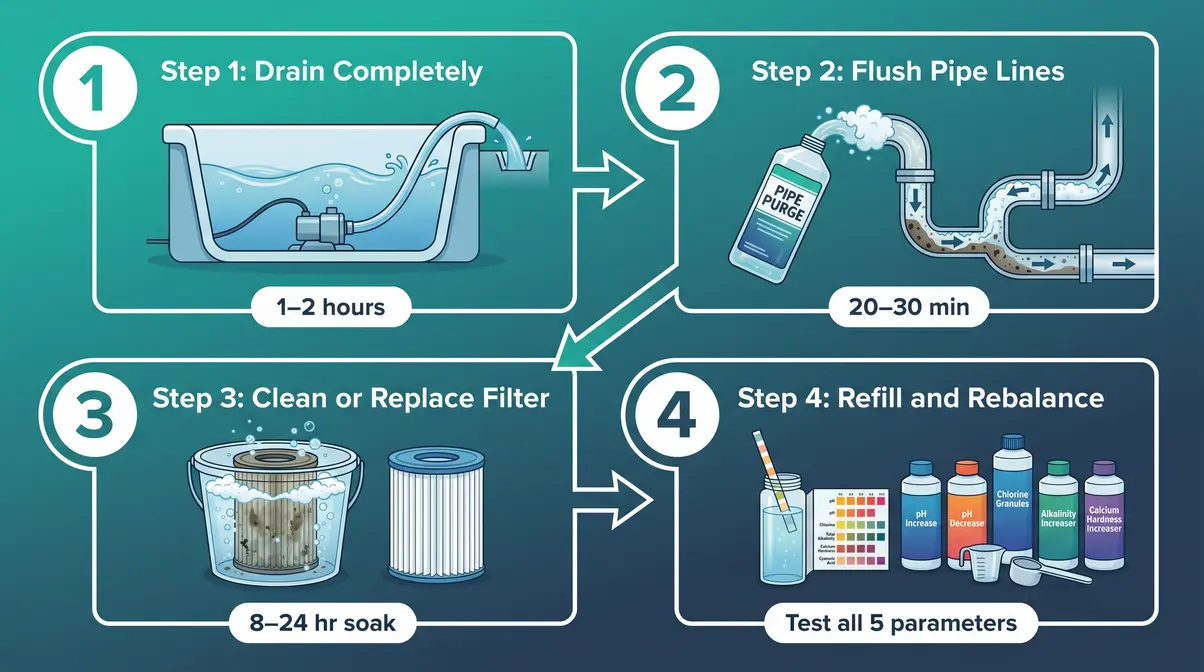 Can You Put Epsom Salts in a Hot Tub? Expert Answer 10 Four-step hot tub recovery infographic showing drain, flush lines, clean filter, and rebalance chemistry after Epsom salt contamination