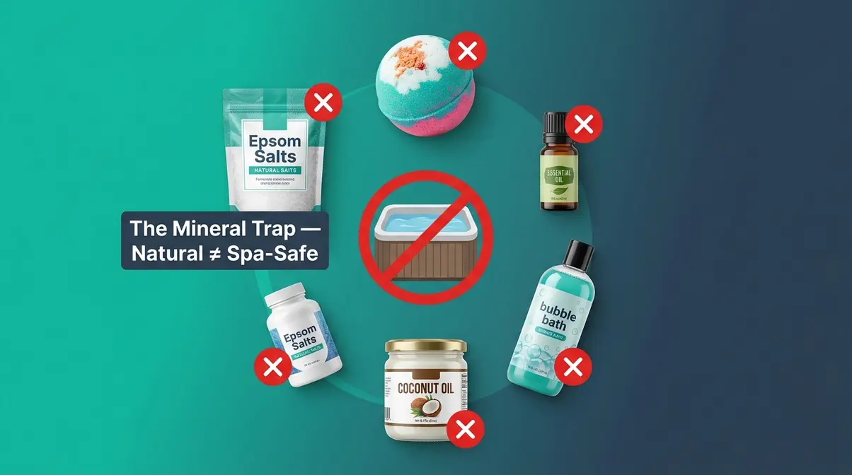 Can You Put Epsom Salts in a Hot Tub? Expert Answer 9 Collection of natural bath products including Epsom salts and bath bombs with warning symbols showing they are unsafe for hot tubs