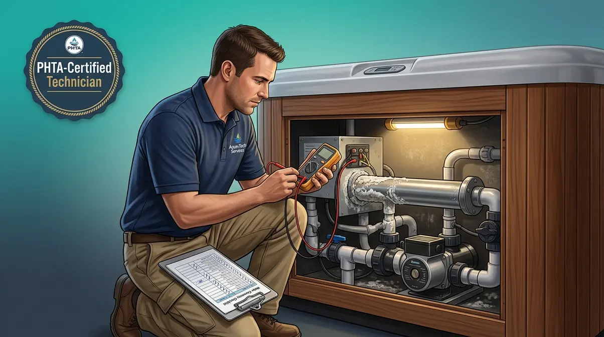 Can You Put Epsom Salts in a Hot Tub? Expert Answer 13 Certified spa technician inspecting hot tub heater element for Epsom salt scale damage with diagnostic equipment