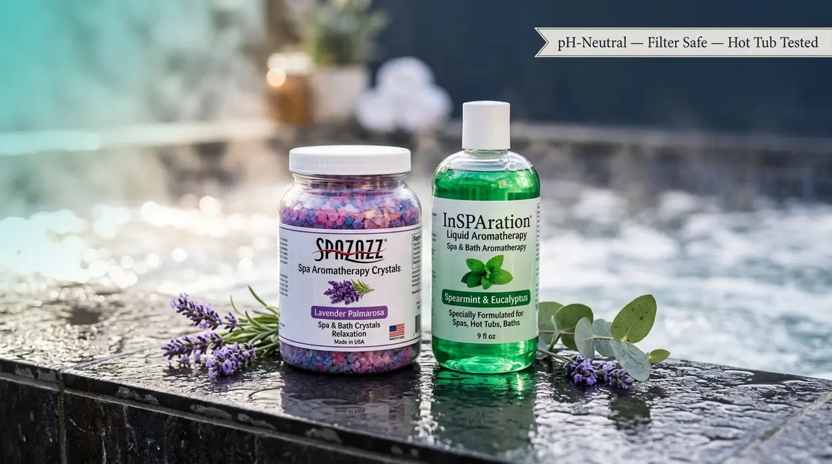 Can You Put Epsom Salts in a Hot Tub? Expert Answer 12 Spazazz aromatherapy crystals and InSPAration liquid spa scents displayed as safe Epsom salt alternatives for hot tubs