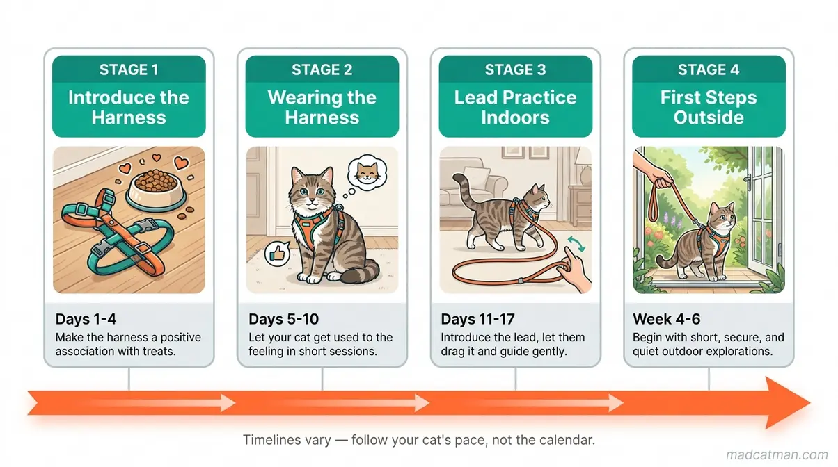 Four-stage cat harness training infographic from indoor introduction to first outdoor walk with week-by-week timelines
