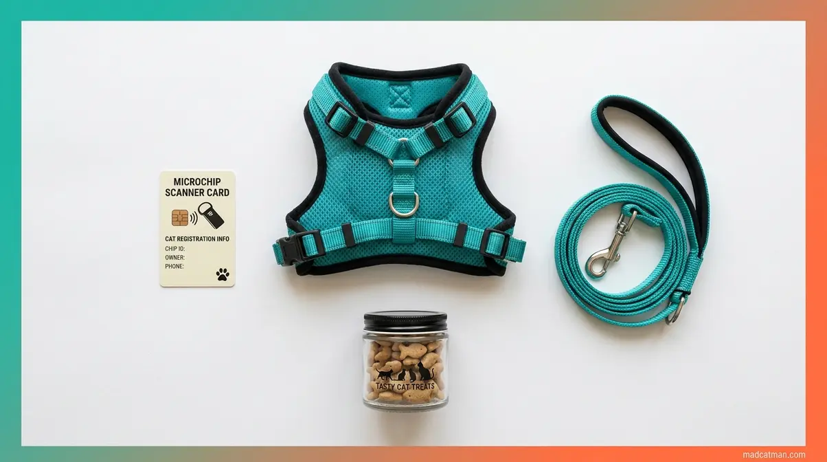 Cat lead walking equipment flat-lay showing vest harness, non-retractable lead, treats, and microchip card