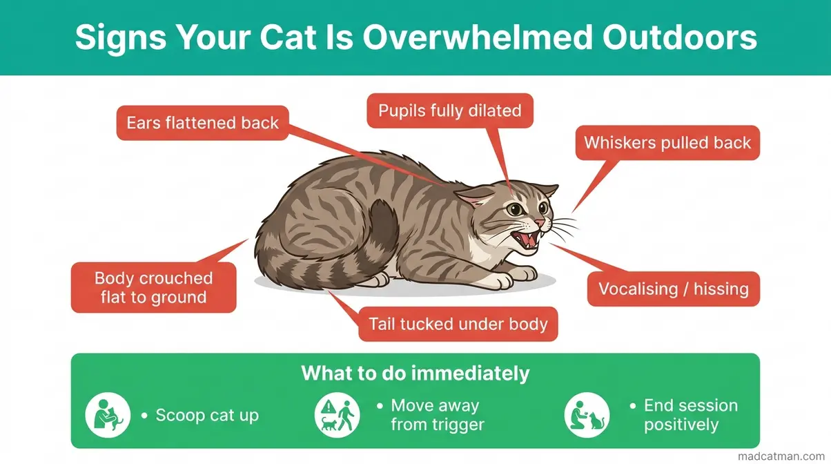 Infographic showing six body language signs of sensory overload in cats on outdoor walks including tail tucking and crouching