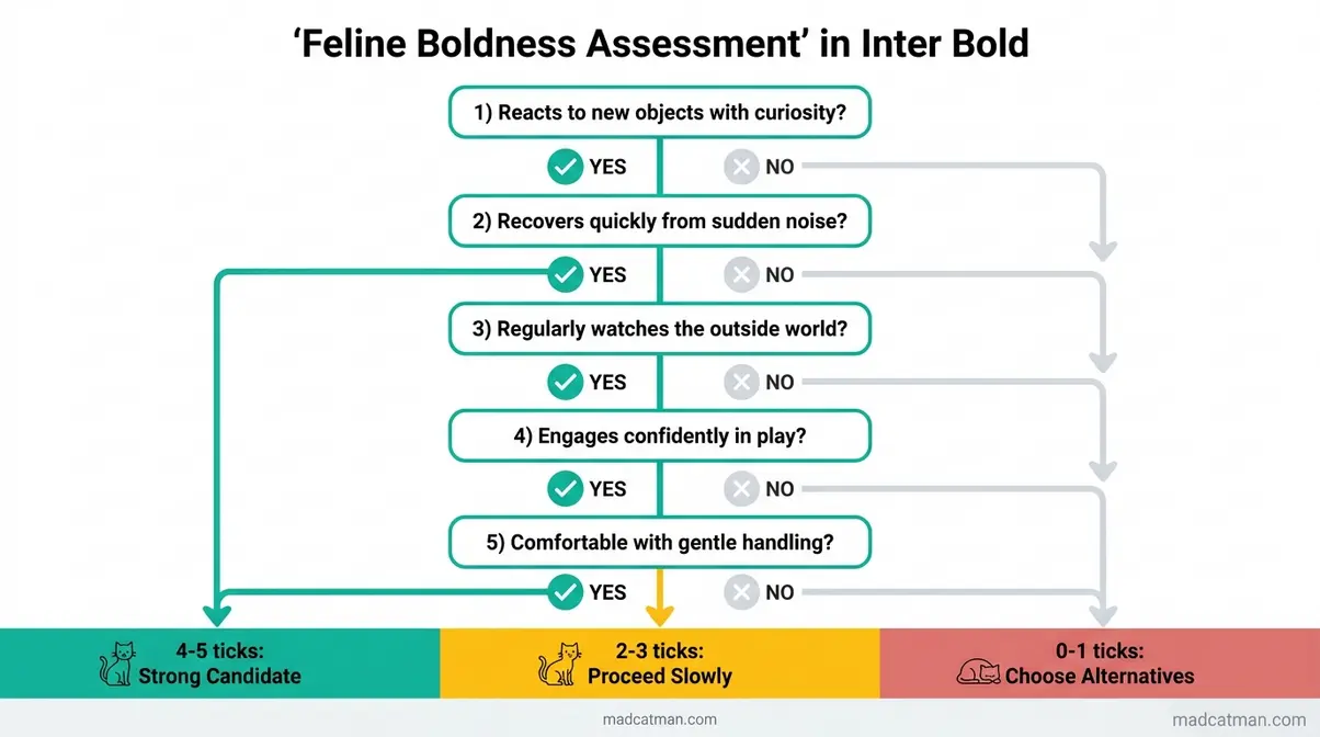 Feline Boldness Assessment flowchart with five criteria to judge if a cat is ready to walk on a lead