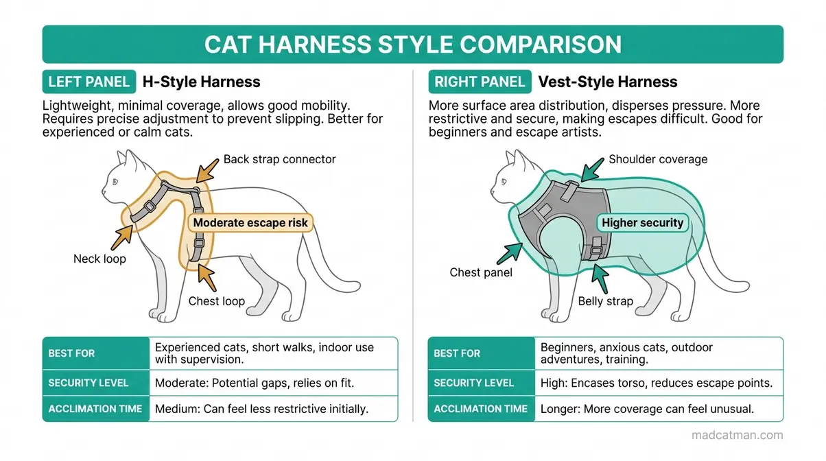 Side-by-side diagram comparing H-style and vest-style cat harnesses with fit points and escape risk zones labelled