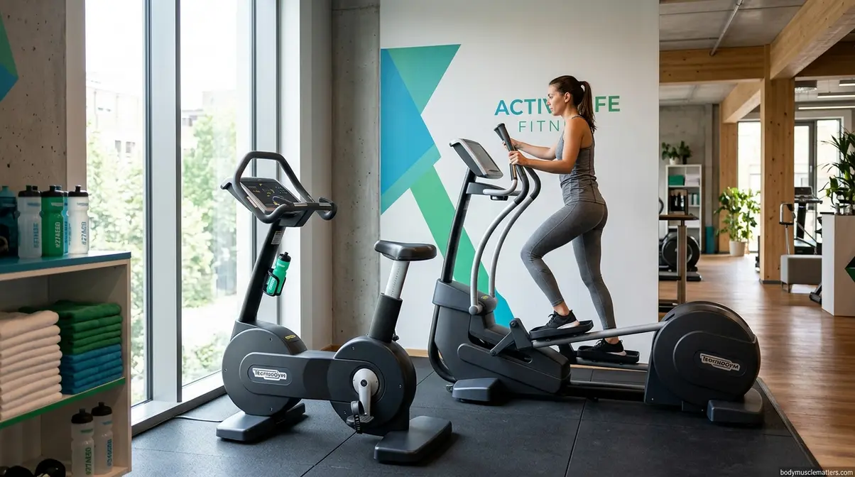 Stationary bike and elliptical machine in a modern gym setting
