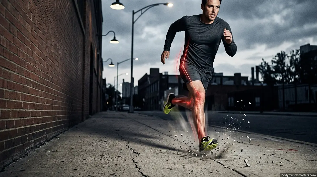 Person running on hard concrete showing high joint impact