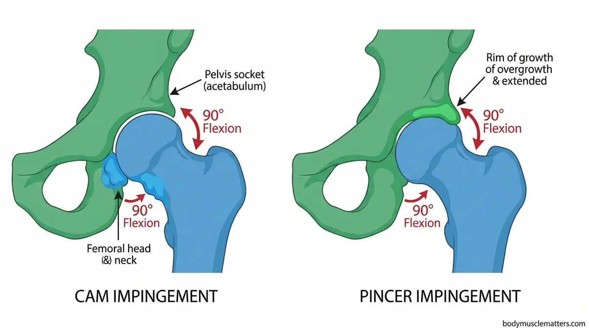 Anatomical diagram showing cam and pincer hip impingement types with 90-degree flexion angle marked