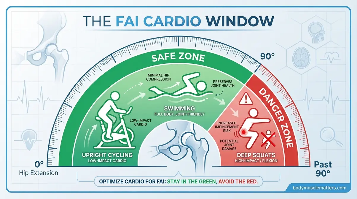 Infographic showing safe cardio exercises for hip impingement within 0-90 degree hip flexion window versus unsafe deep flexion movements
