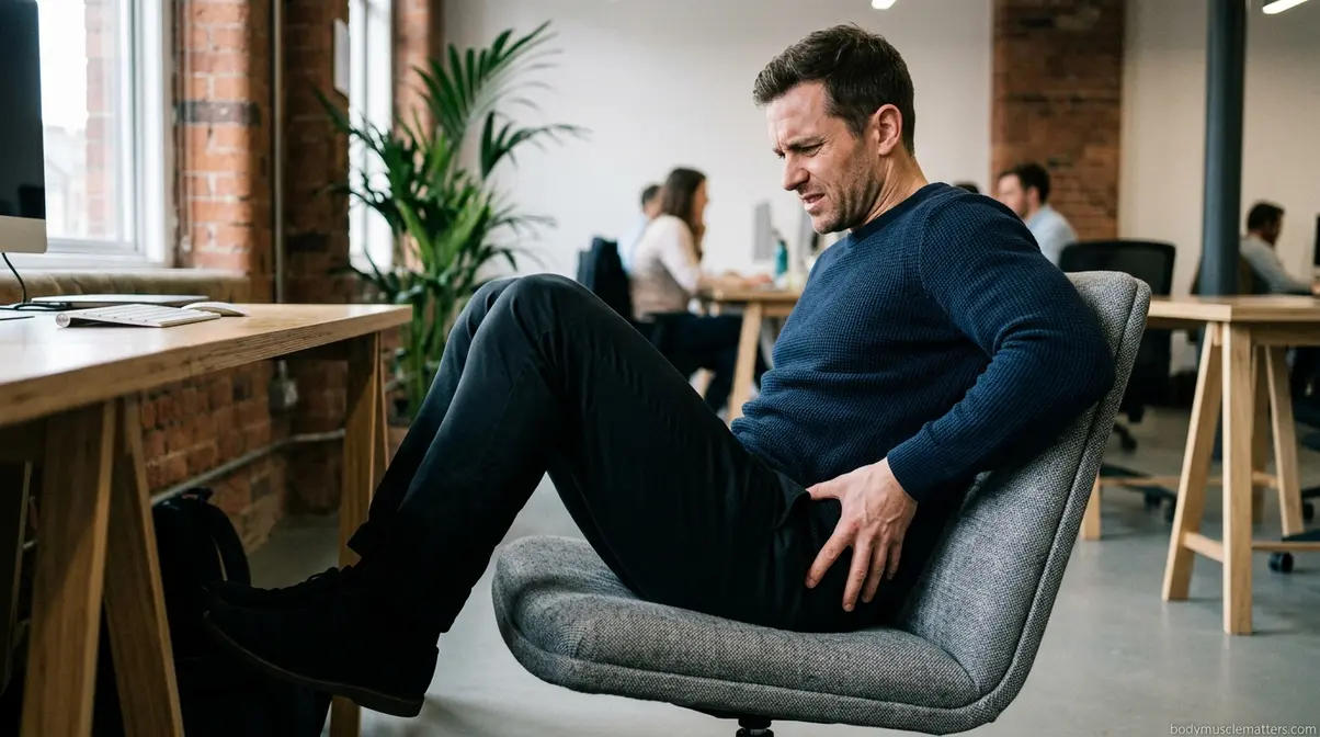 Person sitting in a deep chair with knees higher than hips