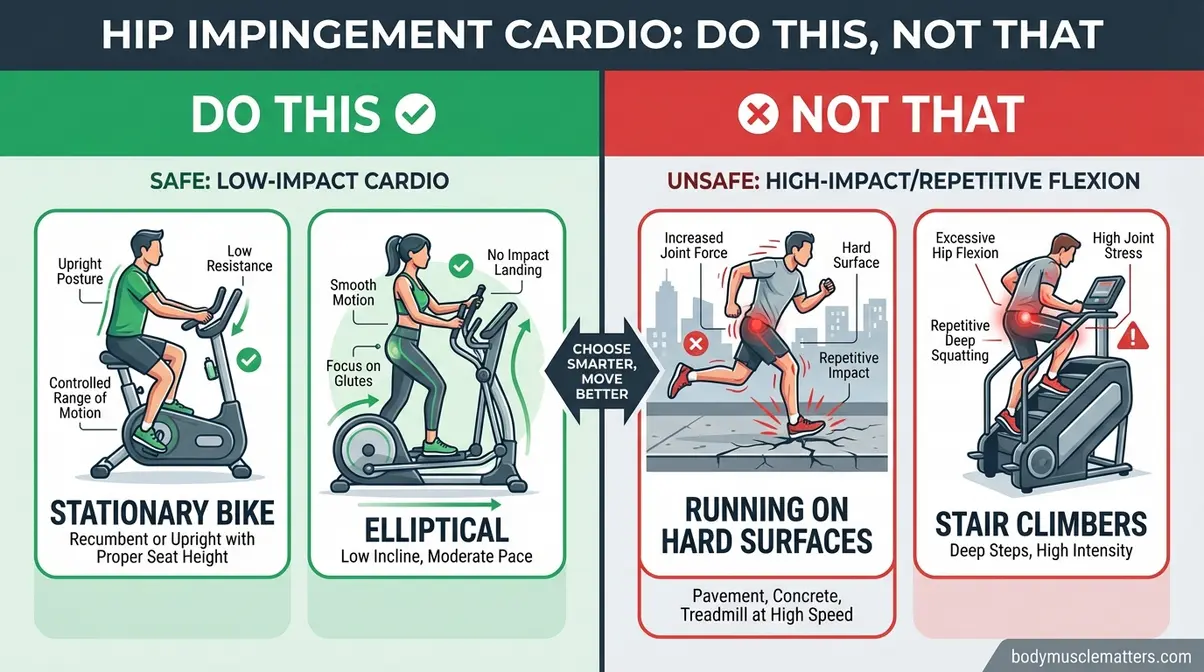 Do this not that infographic comparing safe cardio exercises for hip impingement versus movements that cause pinching and flare-ups