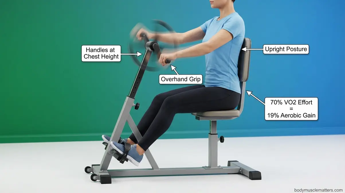 Arm ergometer hand bike showing correct seated posture and crank grip for cardio without legs