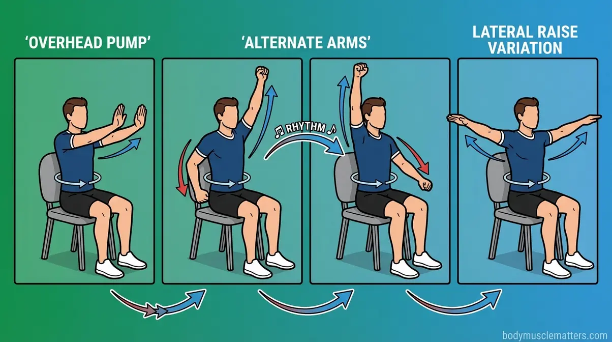 Seated arm pump chair aerobics demonstration for cardio without using legs