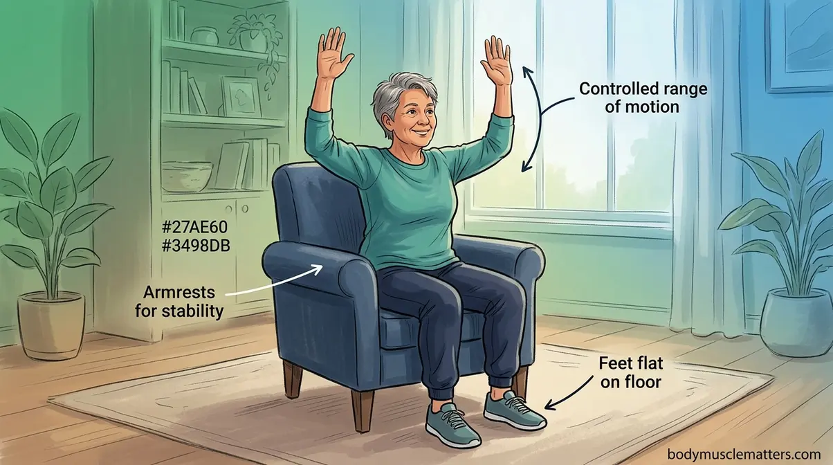 Senior performing chair cardio aerobics for upper-body exercise without using legs in seated position