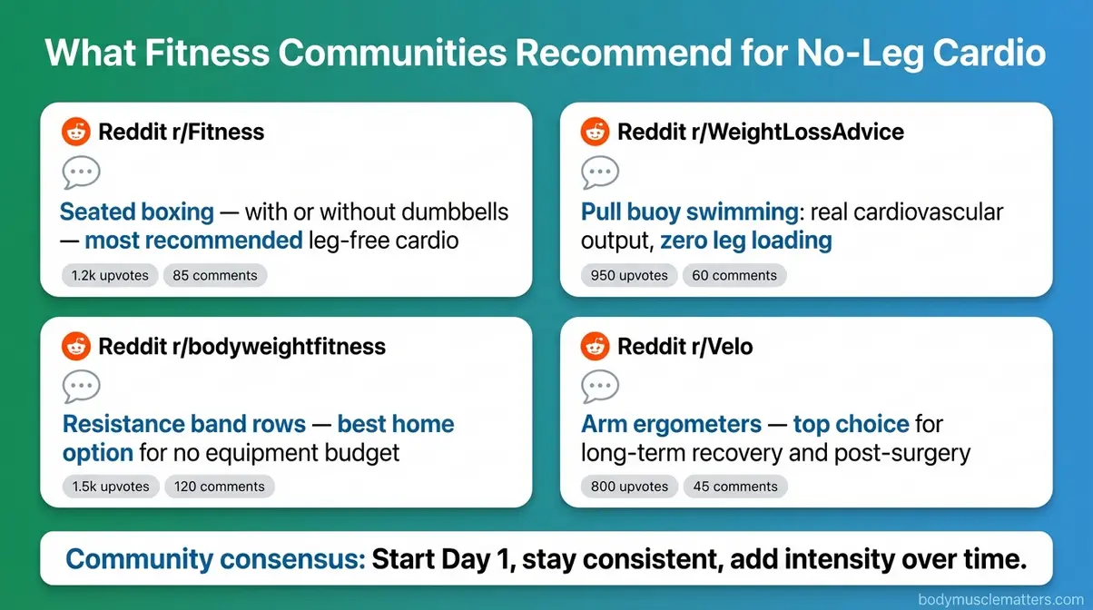 Fitness community recommendations for cardio without using legs from Reddit discussions