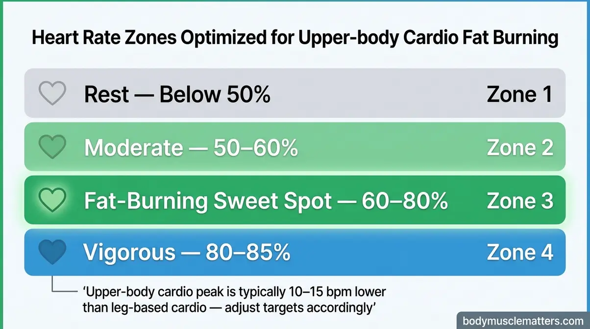 Heart rate zone chart for fat burning during cardio without using legs showing 60 to 80 percent target range
