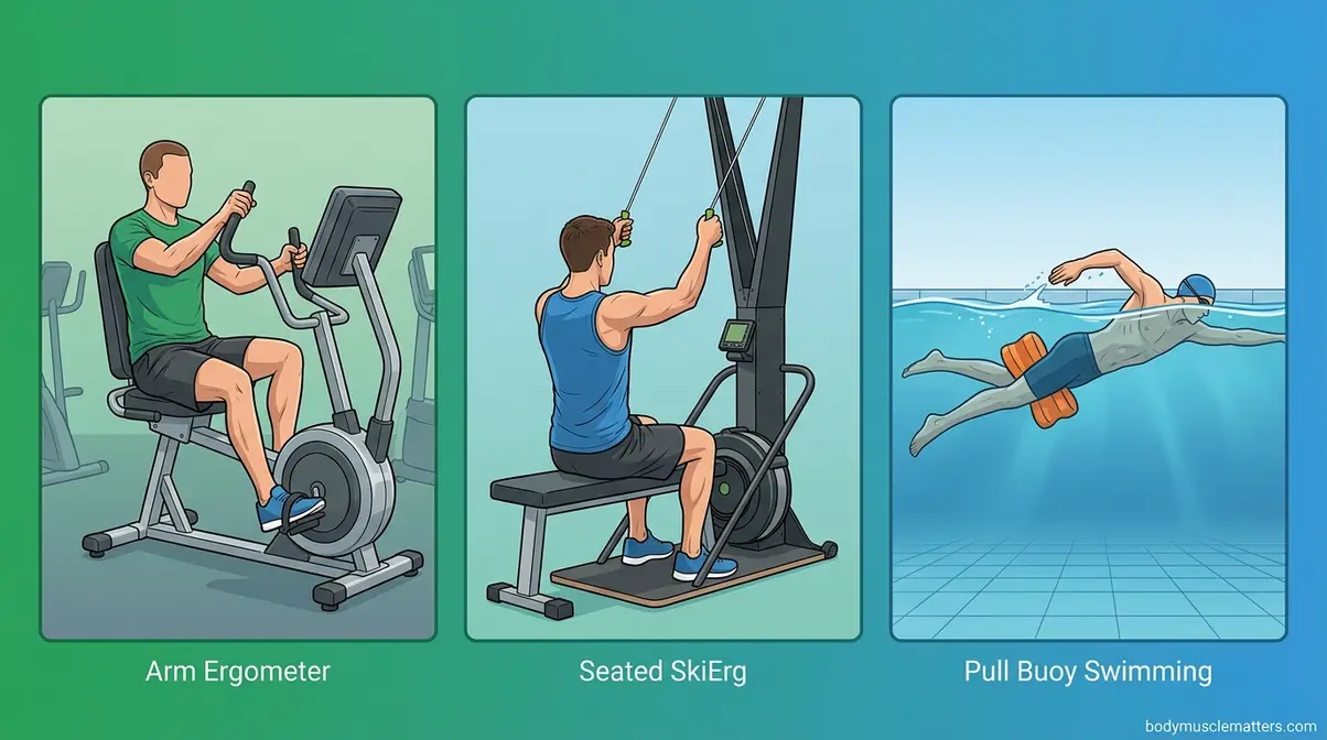 Three gym and pool cardio options without using legs showing arm ergometer SkiErg and pull buoy swimming
