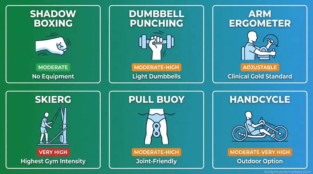 Six leg-free cardio exercise options compared by equipment needed and intensity level