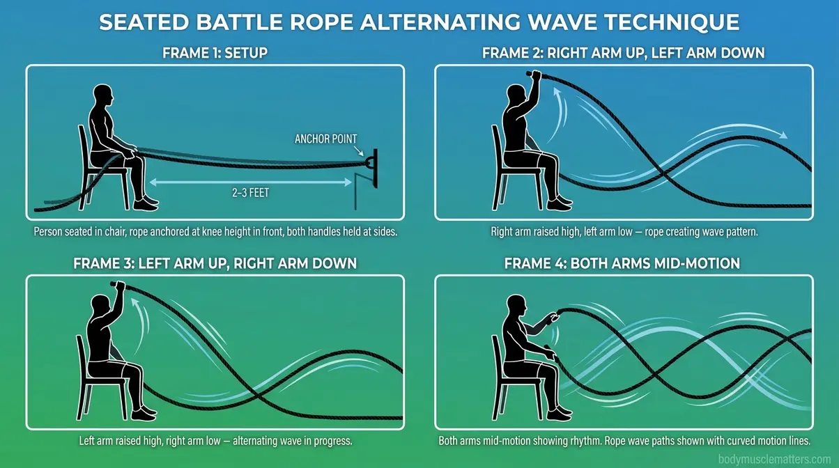 Person performing seated battle ropes cardio exercise without legs demonstrating alternating wave technique from a chair