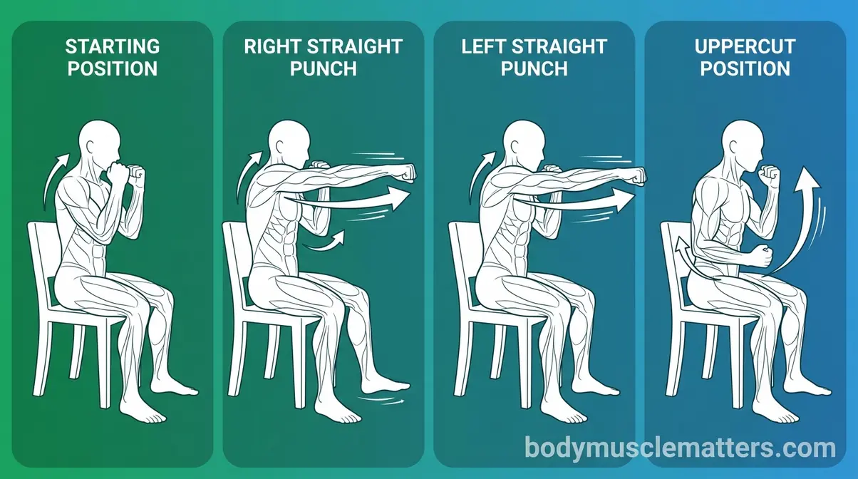 Person performing seated boxing cardio without using legs demonstrating alternating punches from a chair position