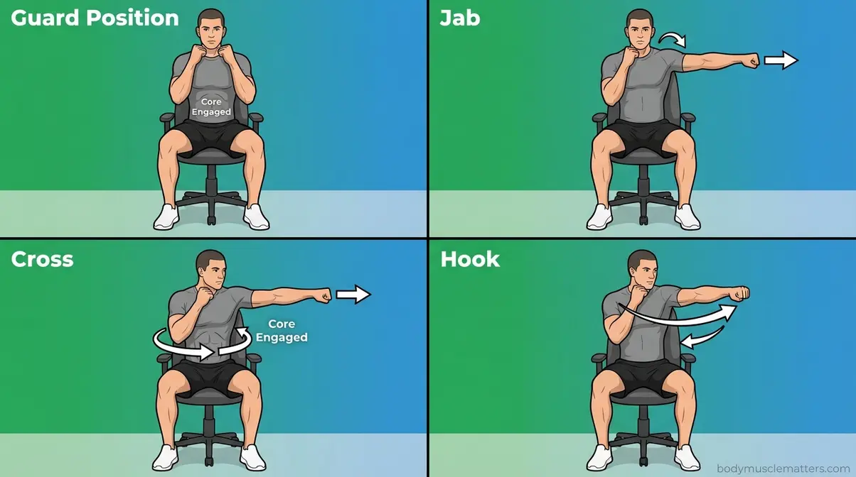 Seated shadow boxing technique showing jab, cross, and guard position for cardio without legs